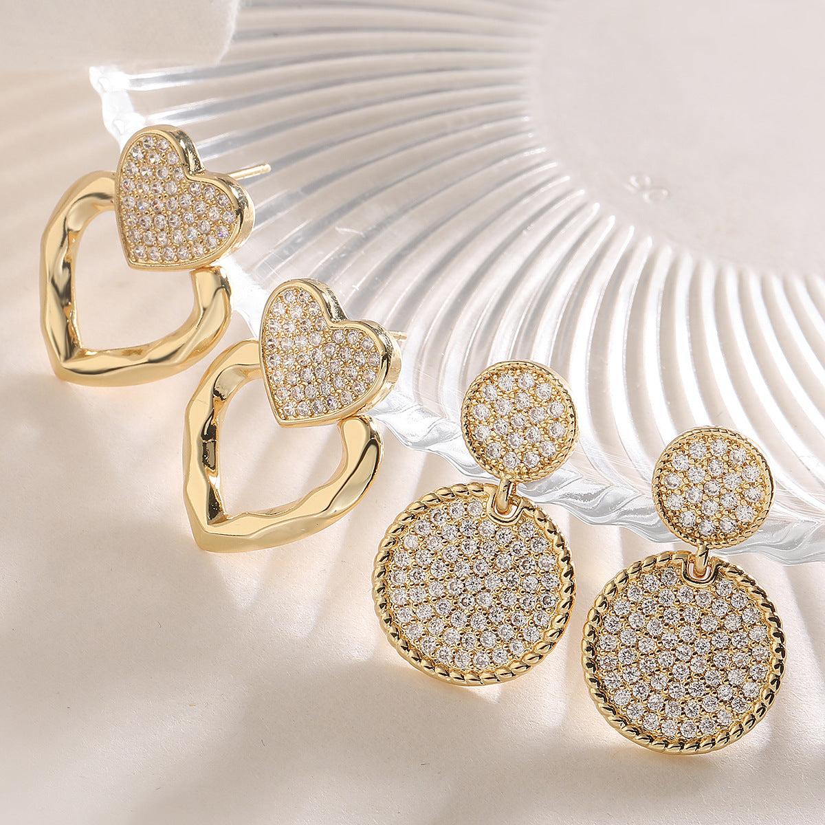 Minimalist Geometric Copper Earrings with 18K Gold Plating and Zircon Heart Accents for Women