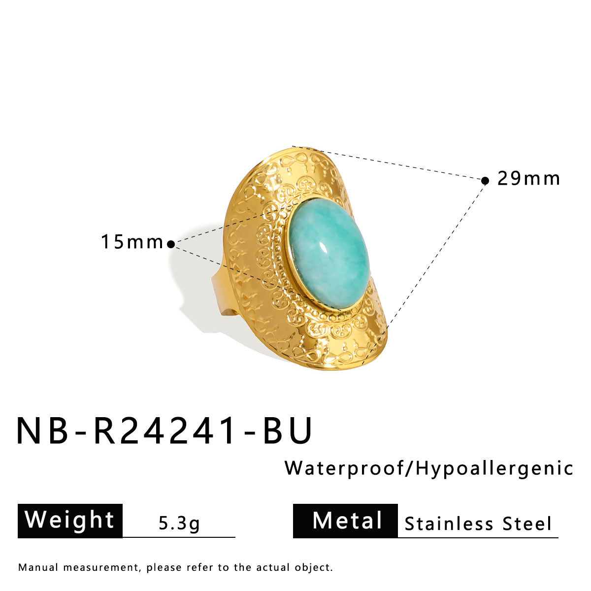 Anello geometrico in acciaio inossidabile con turchese naturale e pietre occhio di tigre, gioiello da mano unisex in stile vintage galvanizzato