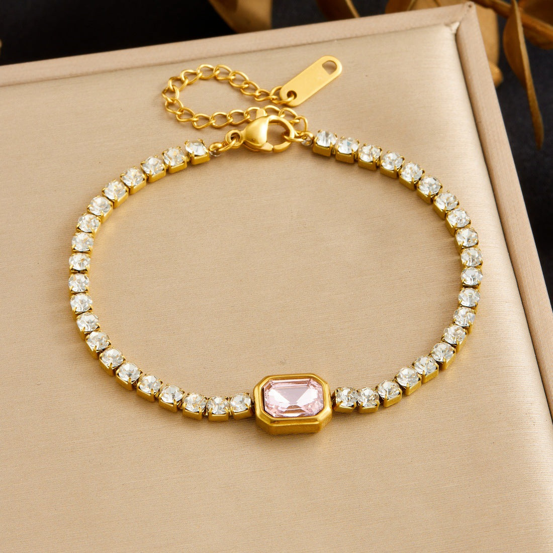 Minimalist Luxury Square Geometric Gold Plated Stainless Steel Bracelet with Cubic Zirconia for Women