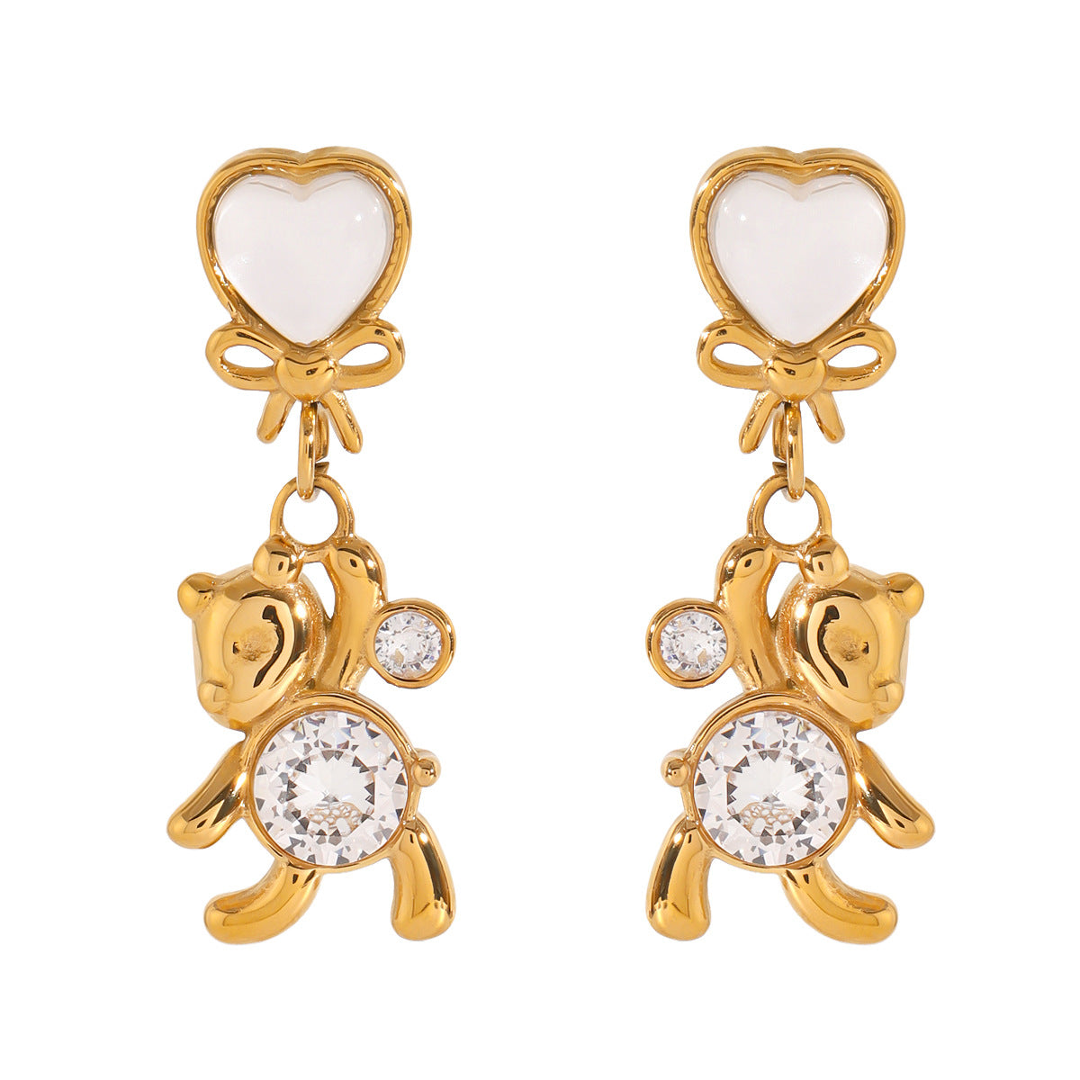 Sweet Stainless Steel Bear and Bow Stud Earrings with Cubic Zirconia for Women