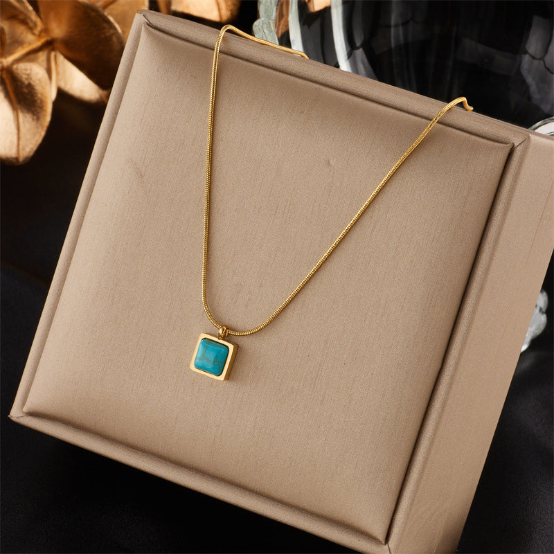 Vintage Minimalist Square Turquoise Pendant Necklace in Titanium Steel with Plated Finish and Standard Chain