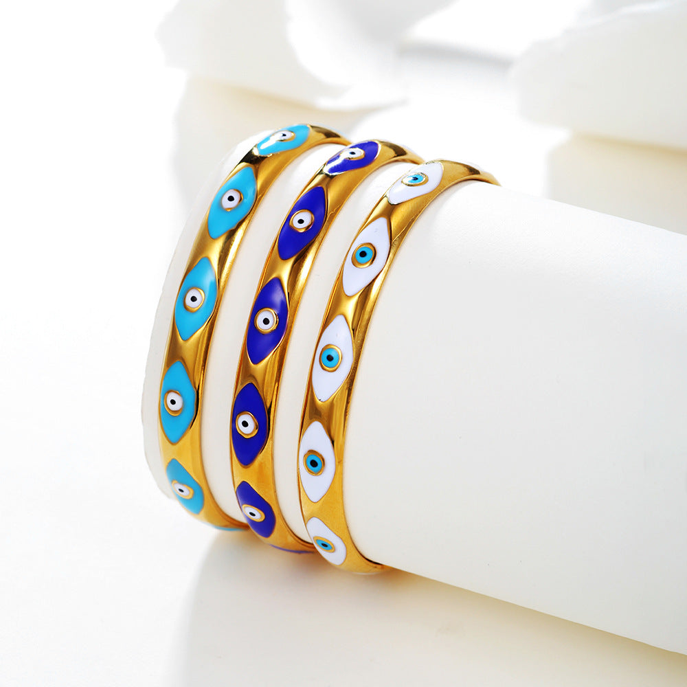Vintage Drip Oil Plated Round Evil Eye Stainless Steel Open Cuff Bracelet for Women