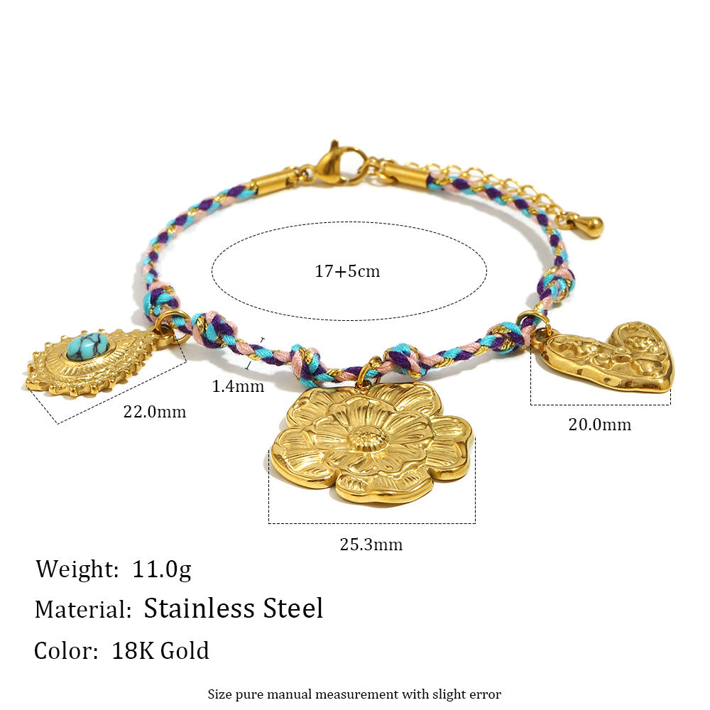 Bracciale da donna alla moda con perline a goccia di turchese in acciaio inossidabile placcato oro 18K a forma di fiore minimalista