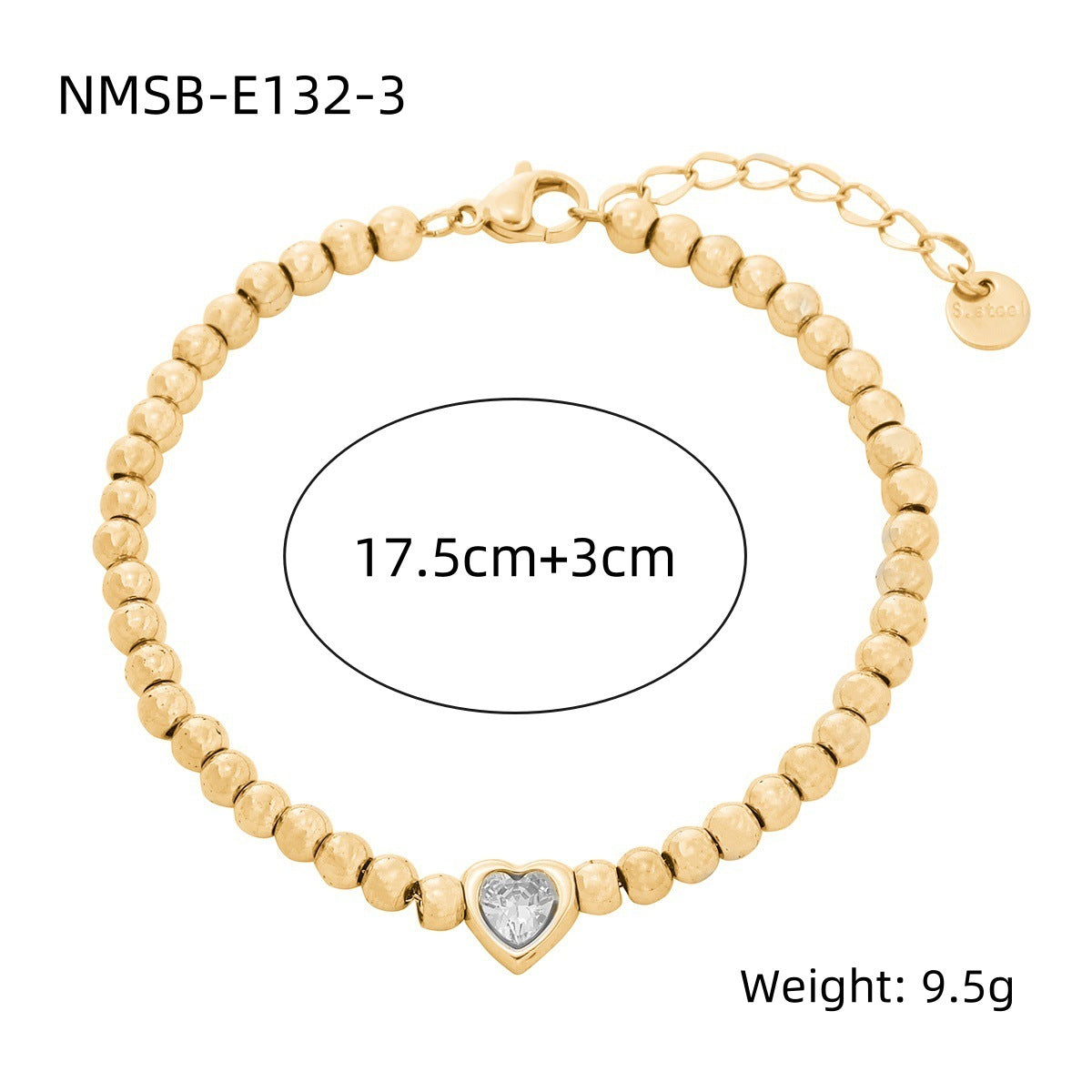 Fashionable Heart-Shaped Rhinestone-Inlaid Titanium Steel Bracelet for Women with 18K Gold-Plated Beads and Vacuum Plating Finish
