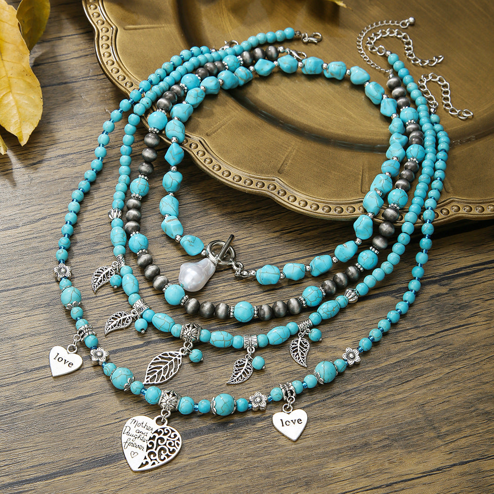 Bohemian Ethnic Geometric Butterfly Teardrop Heart Round Alloy Necklace with Turquoise and Pearl Inlay