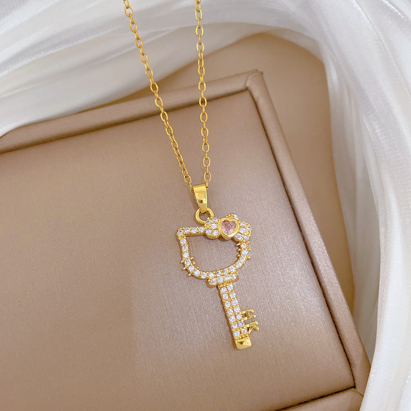 Sweet Cartoon Geometric Moon Cat Titanium Steel Necklace with Cubic Zirconia Brass Pendant for Unisex