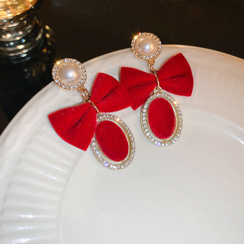 Elegant Geometric Dangle Stud Earrings for Women with Red Tassels, Alloy Base and Gold Plated Finish