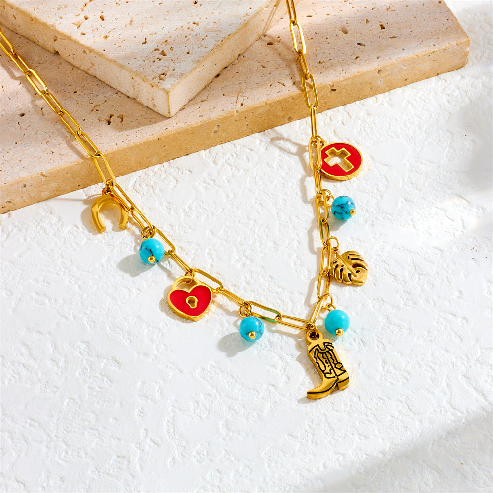 Vintage Red Drip Oil Round Hollow Cross Heart Leaf Boot Pendant Stainless Steel Necklace for Women