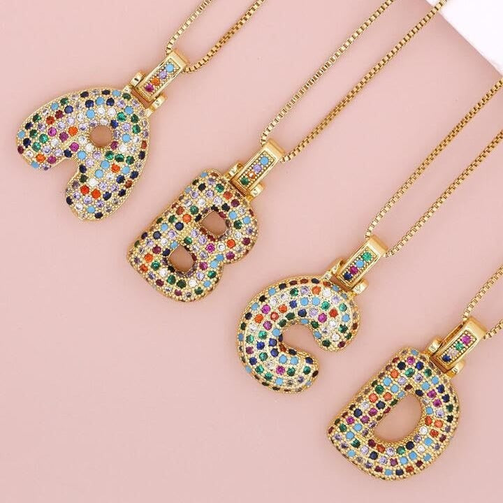 Sweet Hip-hop Letter Brass Cubic Zirconia Inlay Pendant Necklace Box Chain Unisex