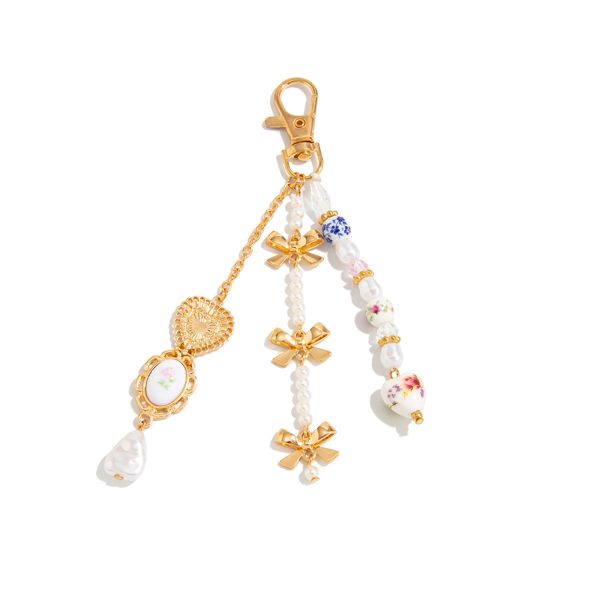 Minimalist Zinc Alloy Heart Pendant with Ceramic Pearl and Tassel Keychain Bag Charm