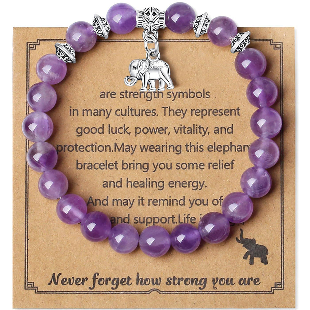 8mm Natural Stone Charm Bar Bracelet with Elephant Amethyst Amazonite Rose Quartz Fluorite Unisex Handmade Jewelry