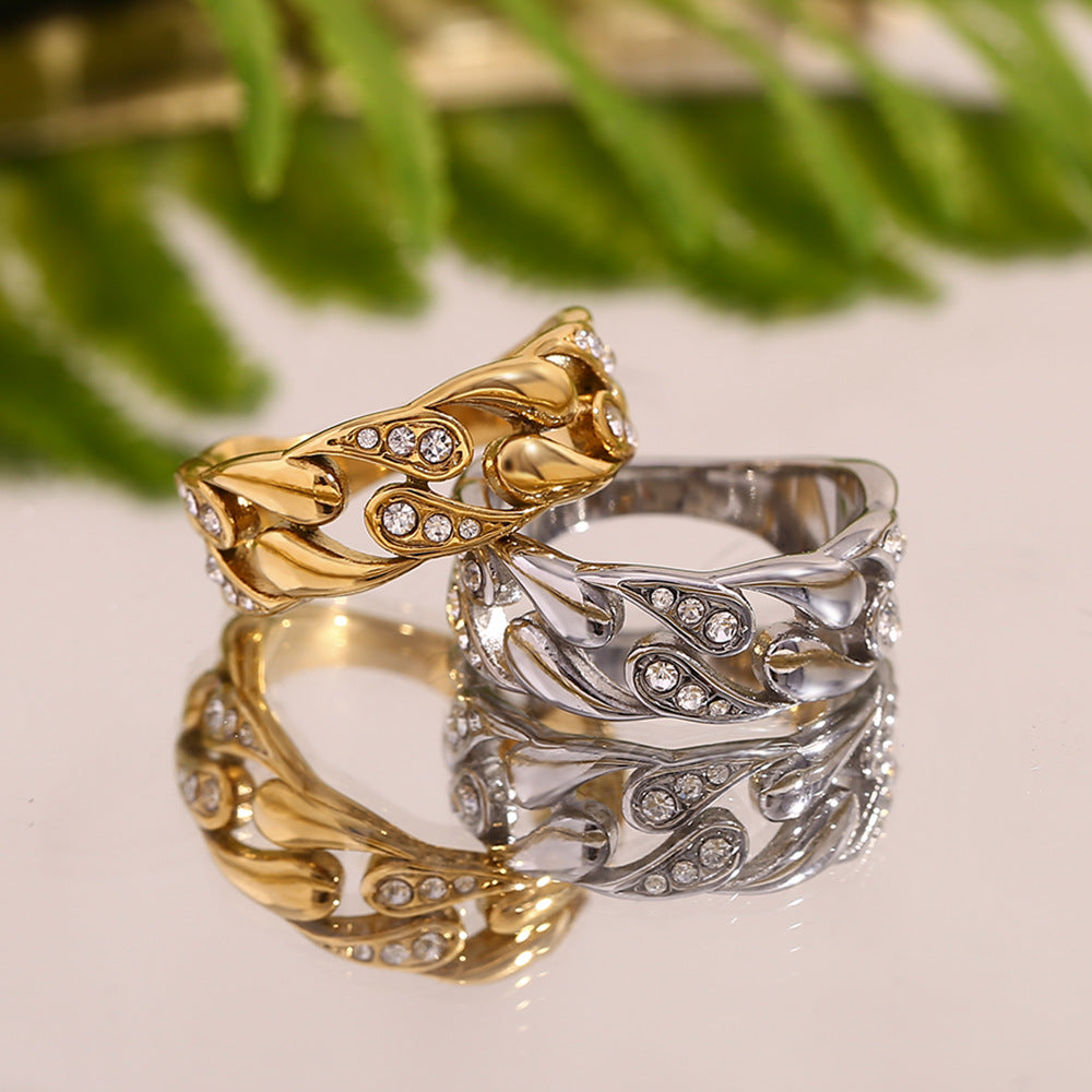 Anello creativo geometrico in acciaio inossidabile con placcatura in oro 18 carati e strass per donna
