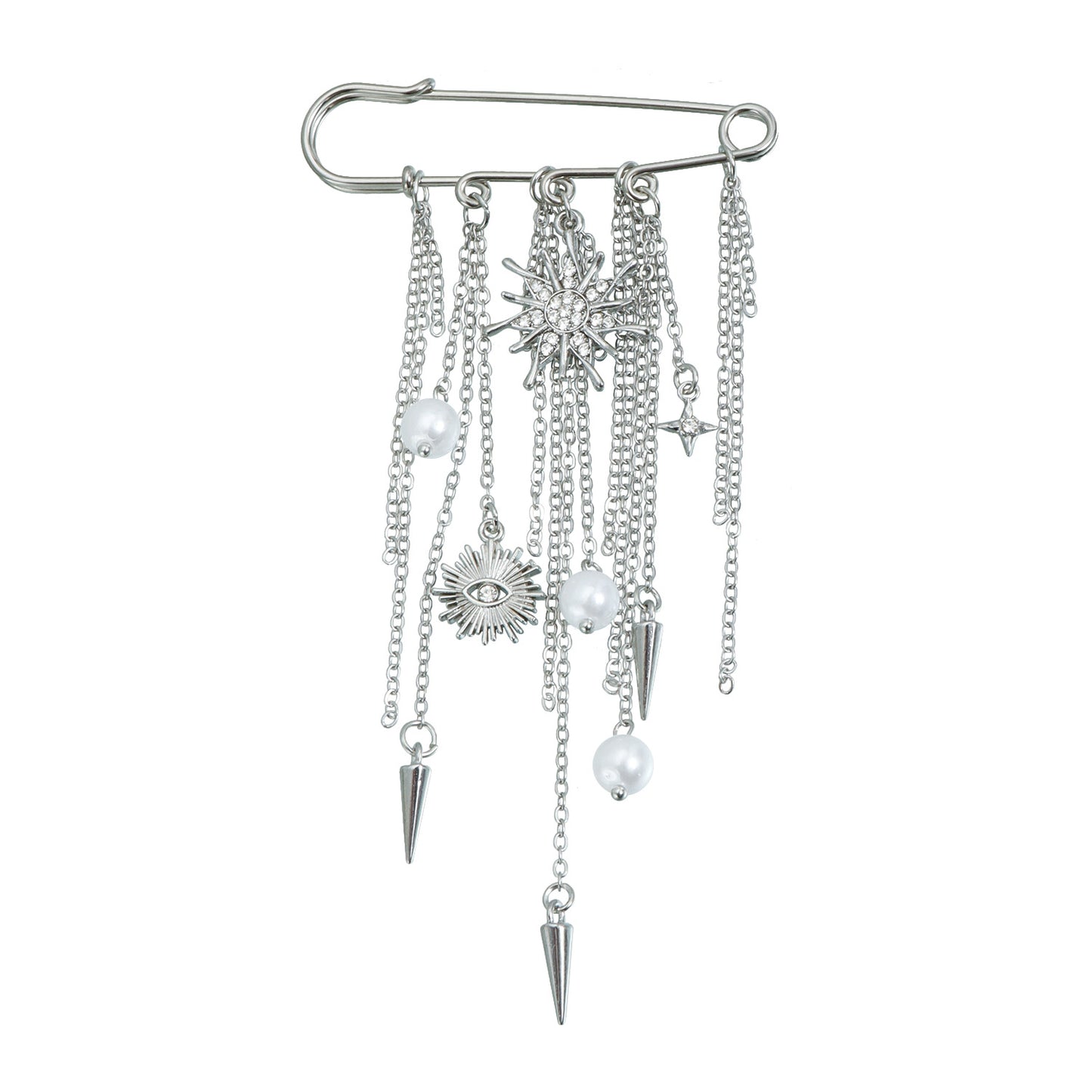 Elegant Geometric Alloy Plated Brooch with Tassel, Pearl and Rhestone Sun Eye Design