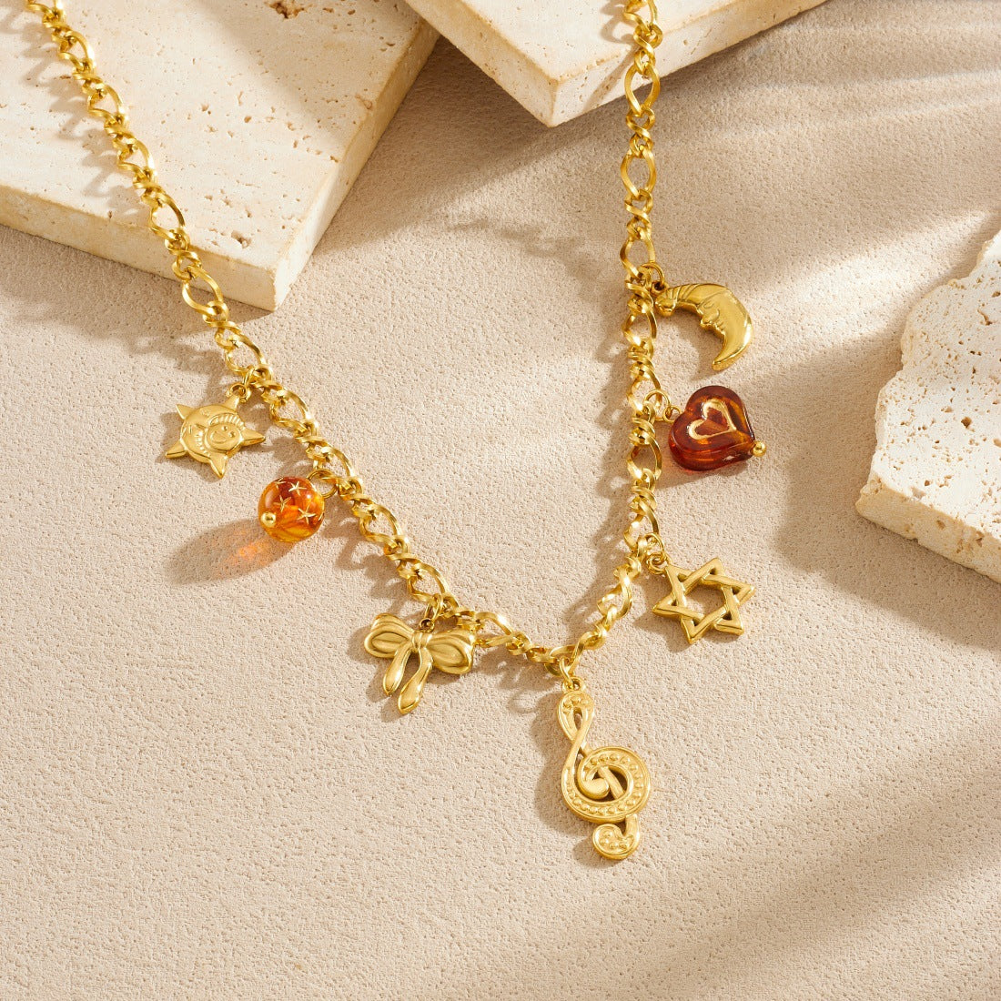 Vintage Gold Plated Stainless Steel Bow Star Moon Note Charm Bar Necklace for Women
