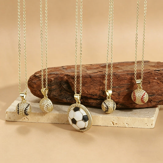 Luxury Brass Drip Oil Plated Soccer Pendant Necklace with Cubic Zirconia for Unisex