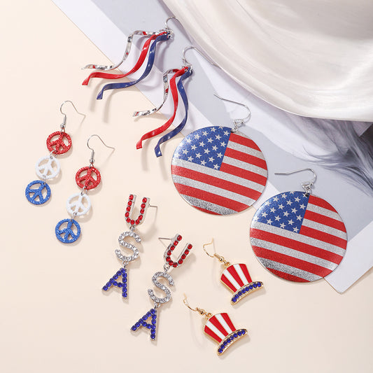Rhinstone Plated Alloy Round Square USA Flag Stud Earrings with Stainless Steel Posts