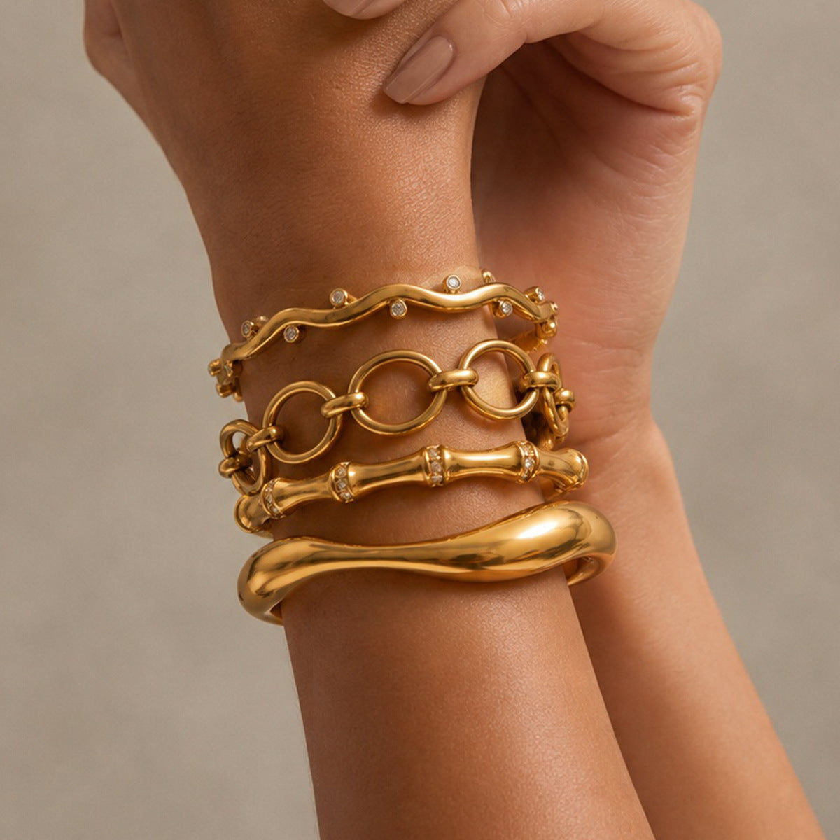 Hip-hop Luxury Geometric Rhinestone Inlaid Bamboo Joint PVD Stainless Steel Bracelet with OT Clasp