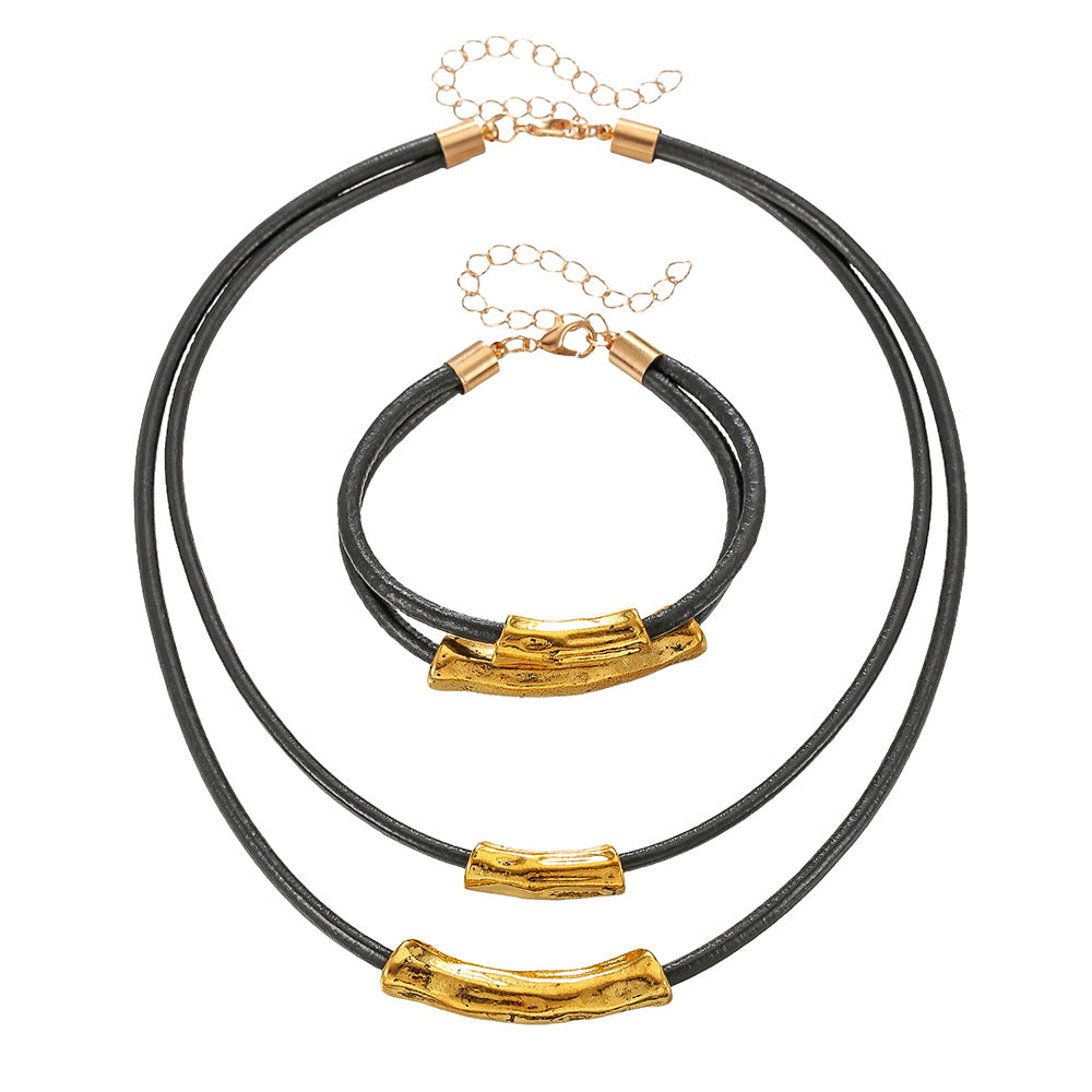 Hip-hop Geometric Alloy Plated Necklace with Leather Wax Cord and Cable Chain for Unisex