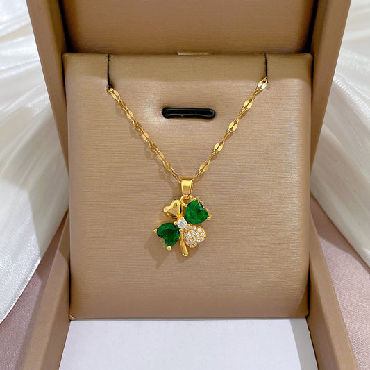 Luxury Minimalist Sweet Pavé Zircon Green Gemstone Four-Petal Flower Necklace in Titanium Steel with Gold Plating