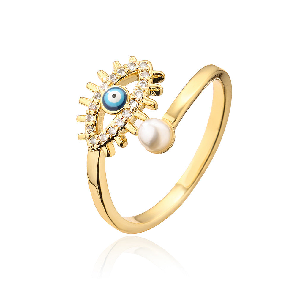 Minimalist Evil Eye Ring for Women Made of Copper with Micro-Pave Zirconia and Enamel Finish
