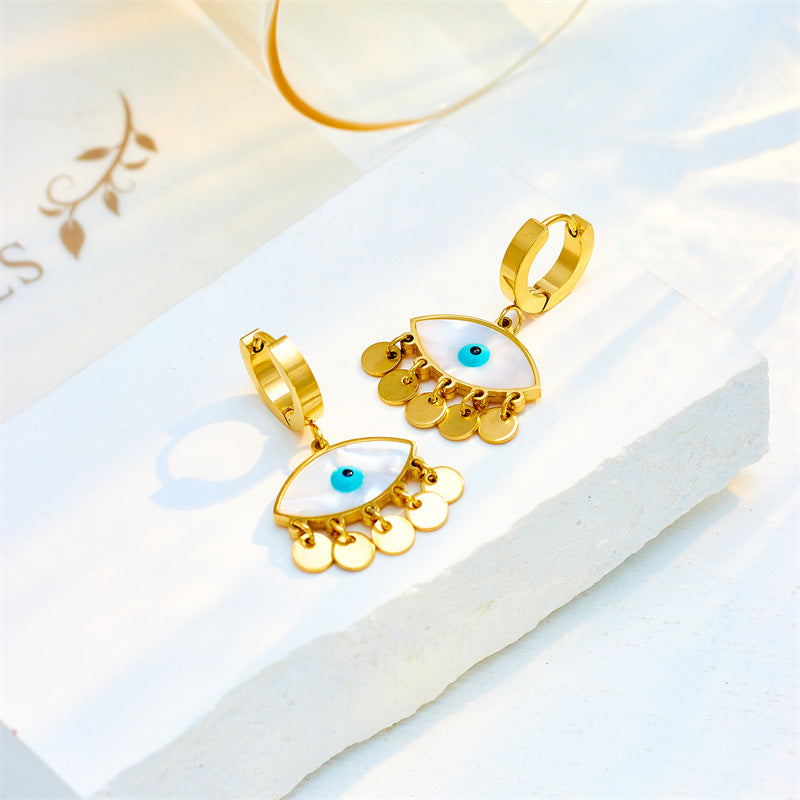 Aretes Colgantes Ovalados de Moda con Ojo Azul en Acero de Titanio con Acabado Chapado y Diseño Geométrico