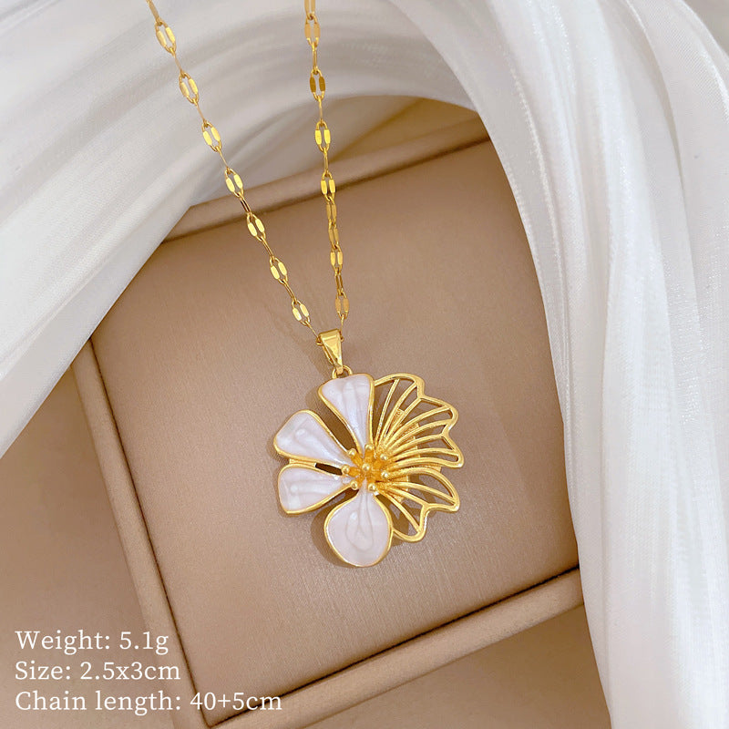 Sweet Elegant Floral Drip Oil Rhinestone Pendant Necklace Titanium Steel Cable Chain