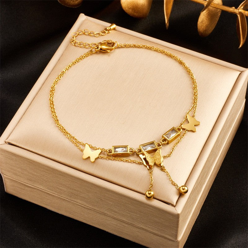Fashion Heart White Shell Life Tree Butterfly Anklet for Women Stainless Steel Jewelry