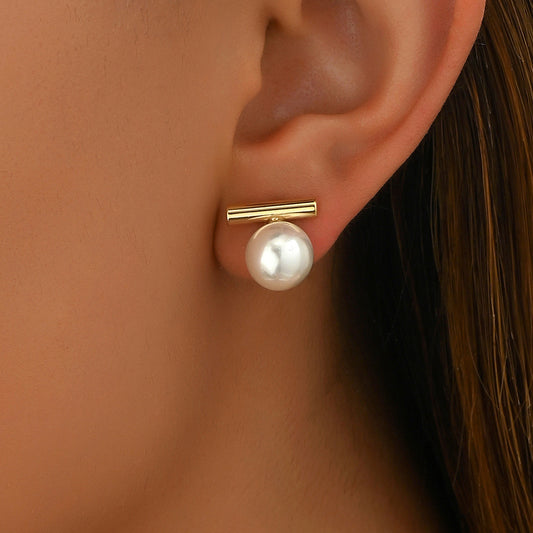Minimalist Geometric Pearl Stud Earrings for Women in Copper with Stainless Steel Posts