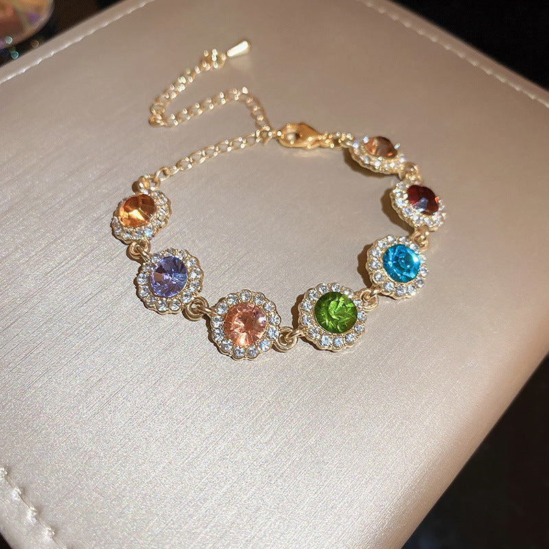 Vintage Luxury Floral Rhinestone Inlay Plated Brass Bracelet for Women