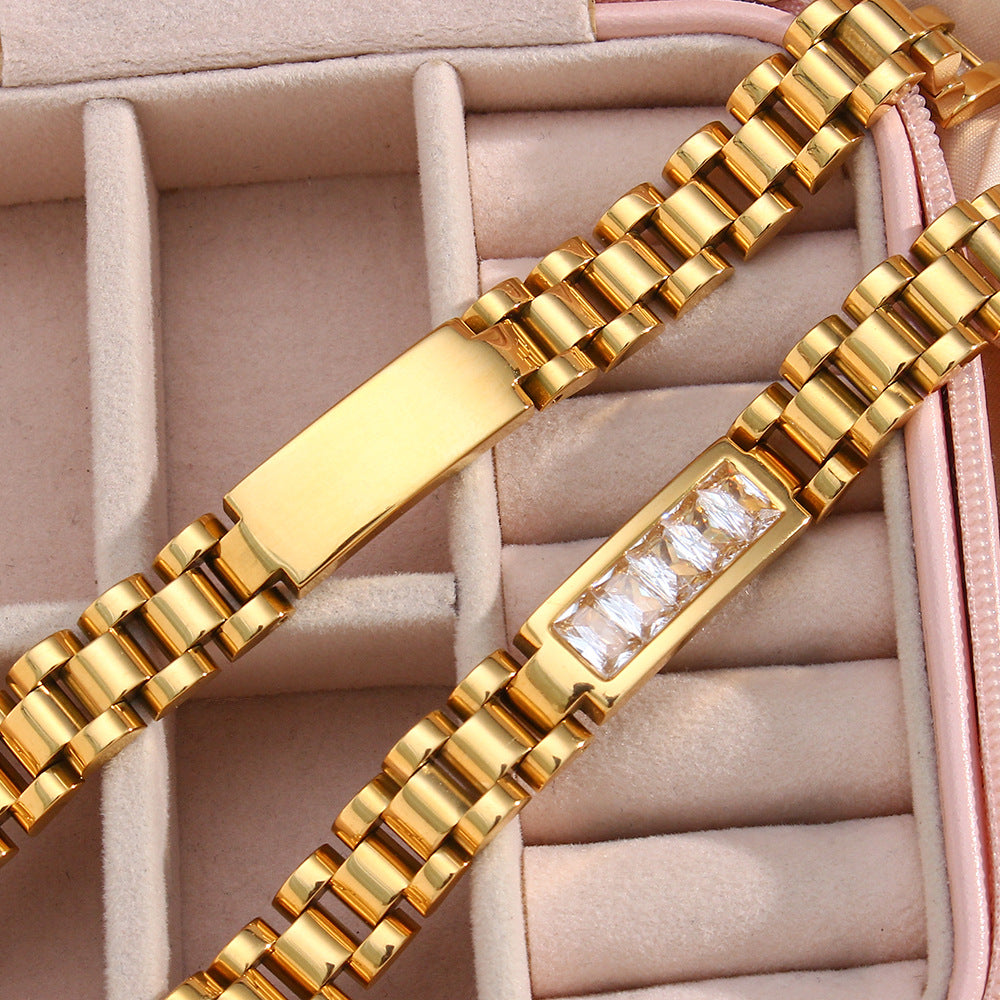 Fashionable Geometric Stainless Steel Plated Bracelet with Zirconia Accents for Women Adjustable Watch Band Jewelry