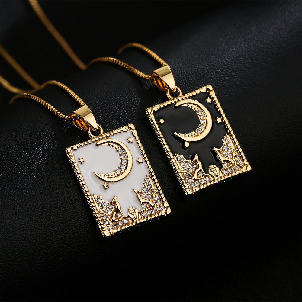 Retro-Style Geometric Oil-Dipped Zircon Oil Painting Pendant Necklace for Women in Copper with 18K Gold Plating