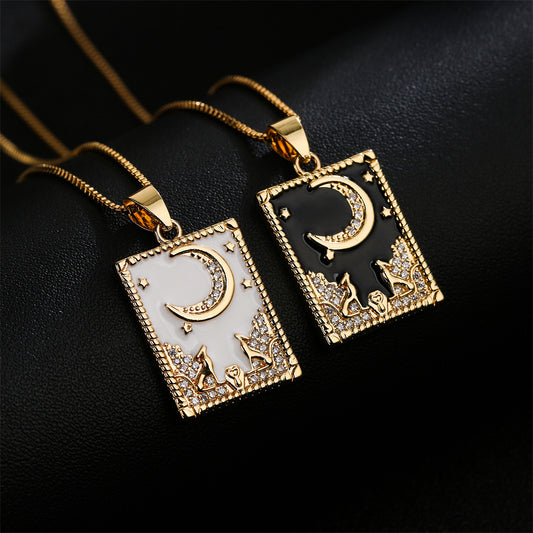 Retro-Style Geometric Oil-Dipped Zircon Oil Painting Pendant Necklace for Women in Copper with 18K Gold Plating