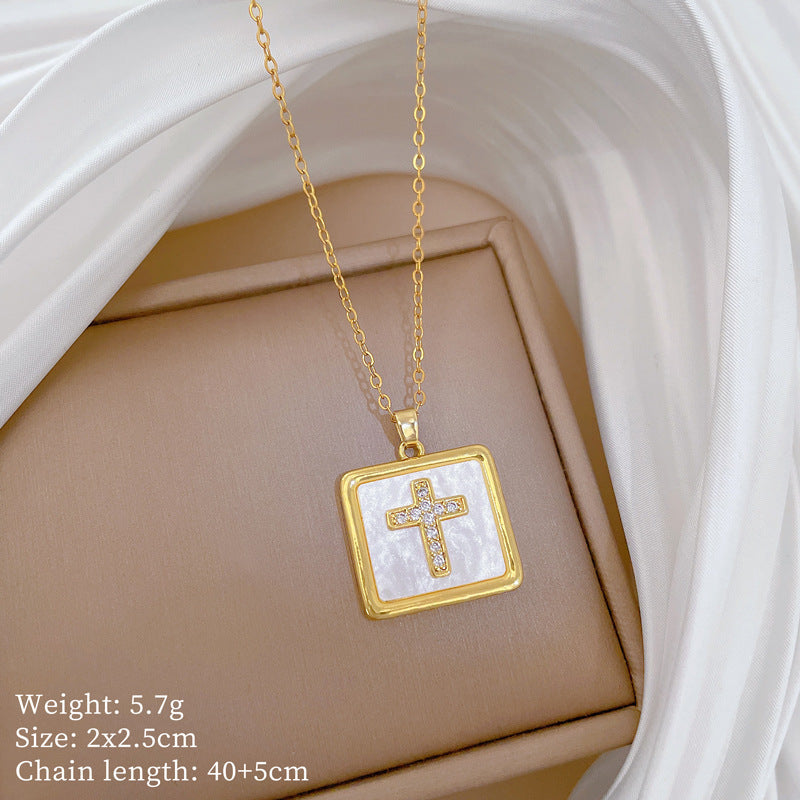 Sweet Minimalist Cross Micro-Inlaid Cubic Zirconia Brass Pendant Titanium Steel Necklace for Unisex