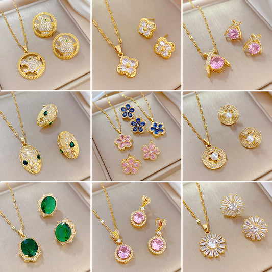 Conjunto de Pendientes y Collar de Cobre Chapado con Zirconia Geométrica de Lujo