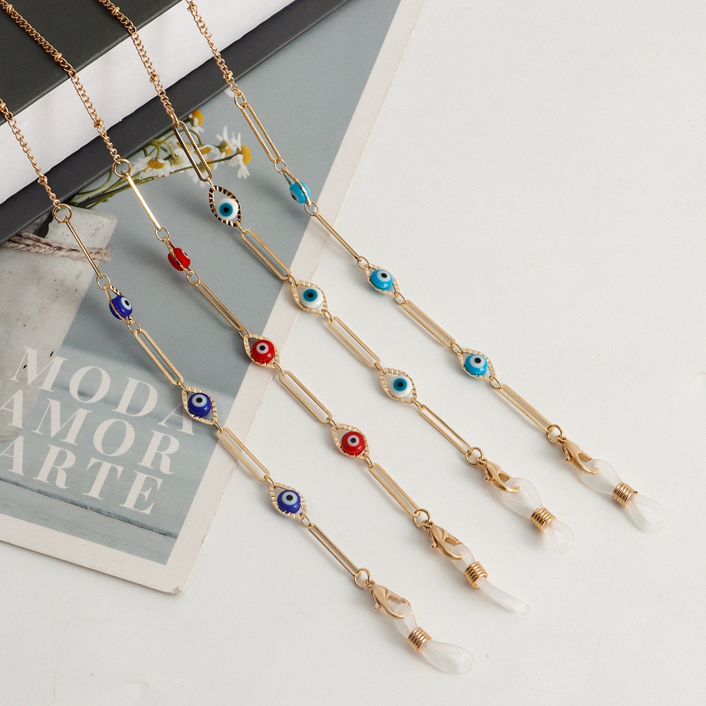 Fashion Colorful Evil Eye Handmade Metal Glasses Chain for Women