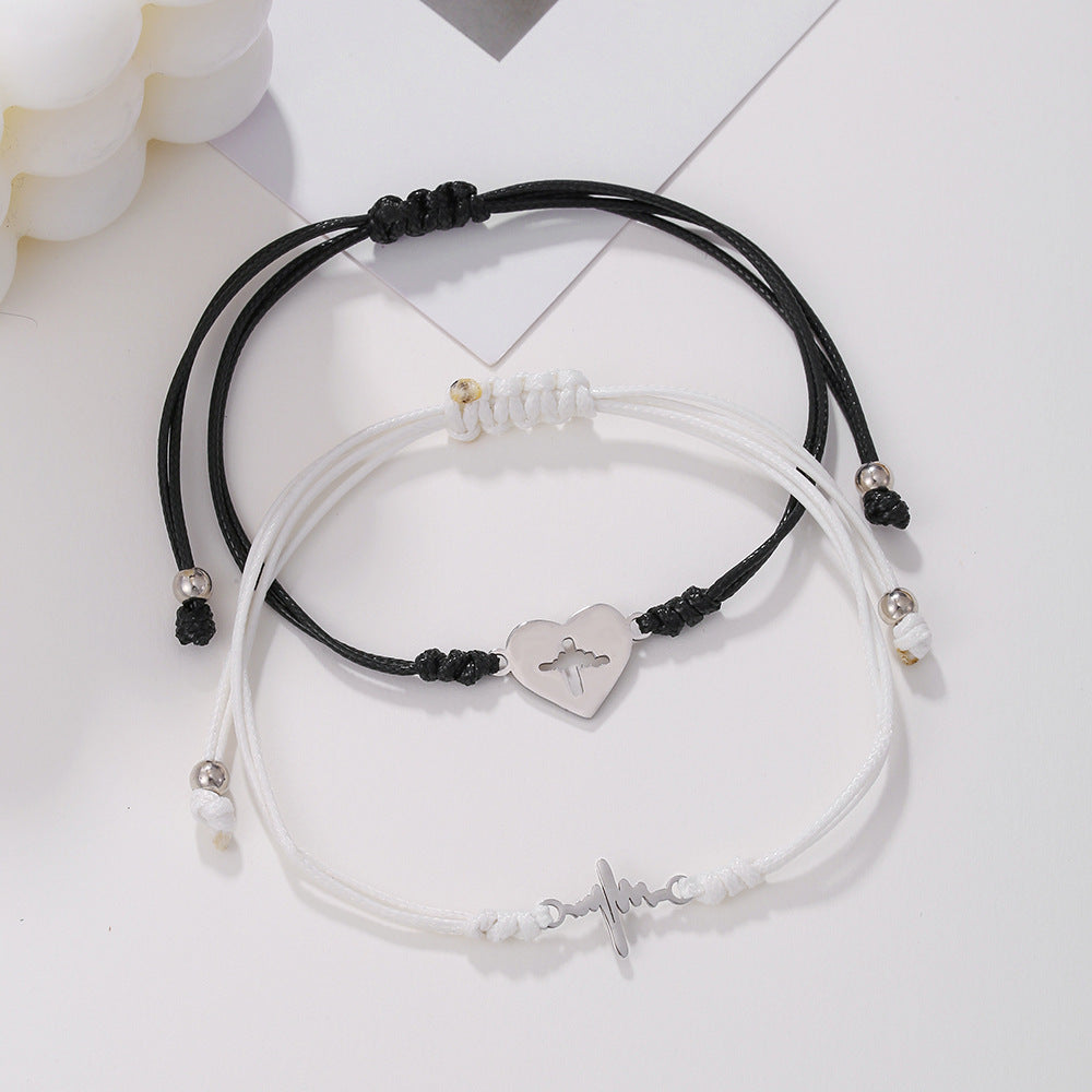 Minimalist Hollow Heart-Shaped Stainless Steel Bracelet with Black and White Braided Wax Cord for Mother's Day