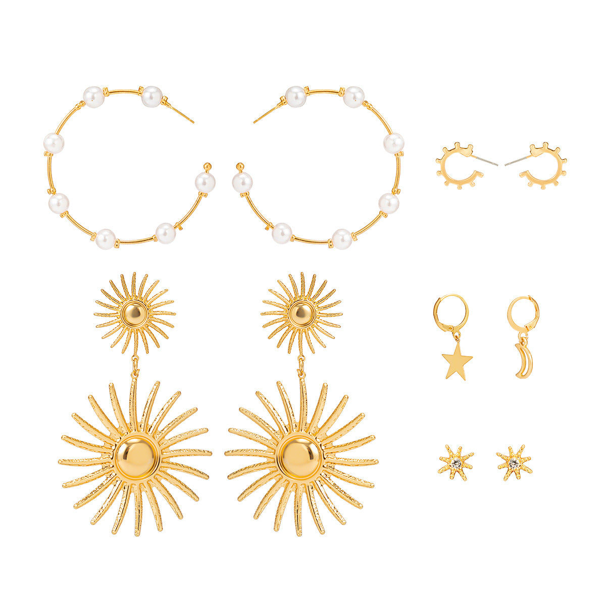 French Vintage Style Star and Heart Shaped Imitation Pearl Stud Earrings with Plated Finish for Women