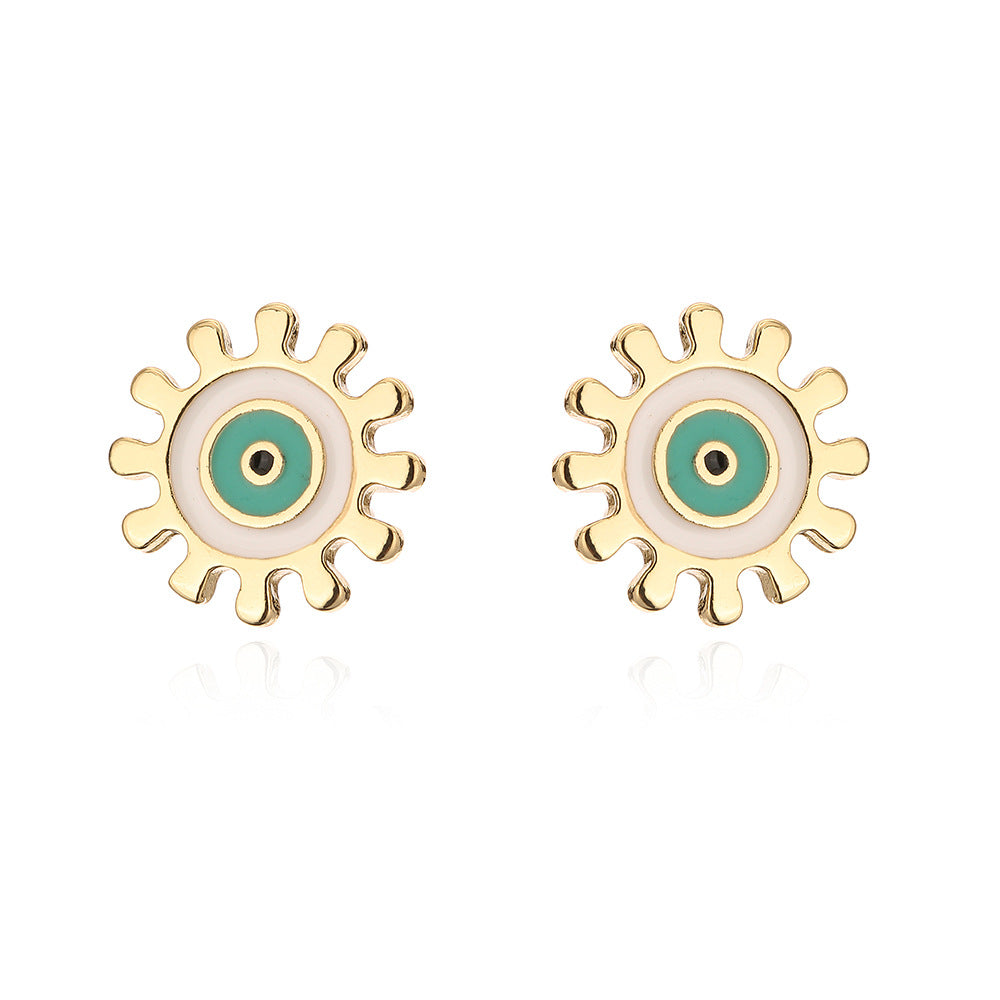 Orecchini a perno geometrici minimalisti carini in rame con placcatura in oro 18 carati e dettagli colorati smaltati a forma di occhio