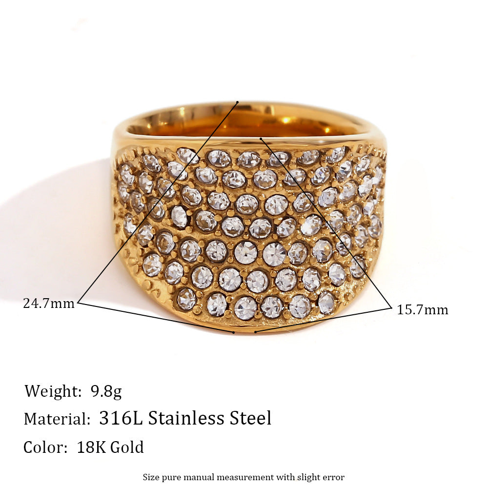 Minimalist Geometric Stainless Steel Plated 18K Gold Wide Concave Finger Ring with Micro-Pavé Rhinestones for Women