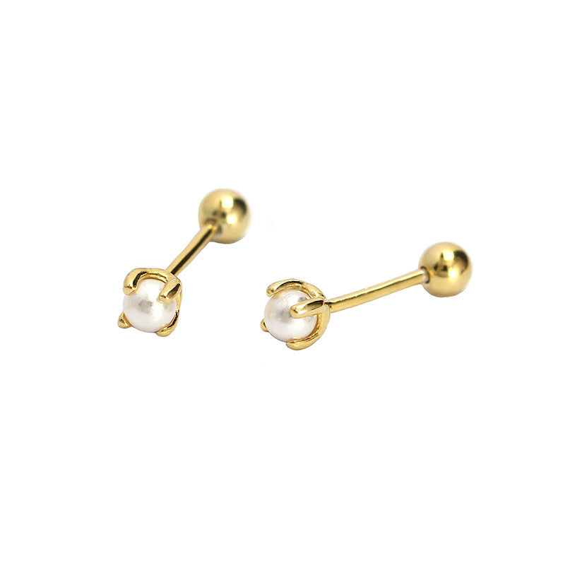 Sweet 925 Sterling Silver Round Geometric Plated Pearl Stud Earrings
