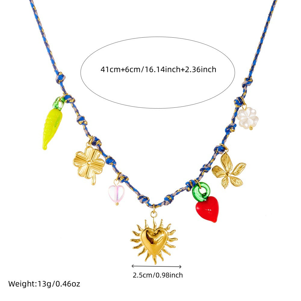 Sweet Drip Oil Heart and Floral Plated Stainless Steel Necklace