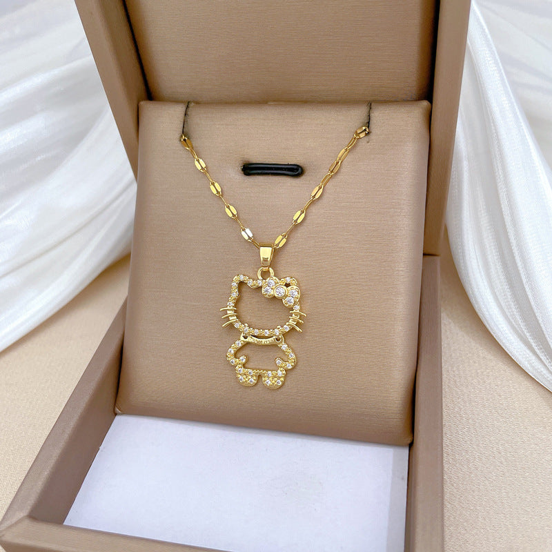 Sweet Minimalist Geometric Cat Rhinestone Pendant Titanium Steel Necklace for Unisex