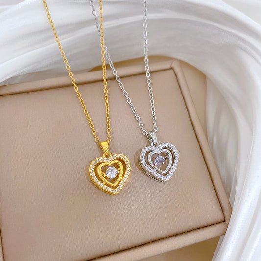 Elegante collar de acero de titanio de doble capa con forma de corazón y detalles de diamantes de imitación para mujer