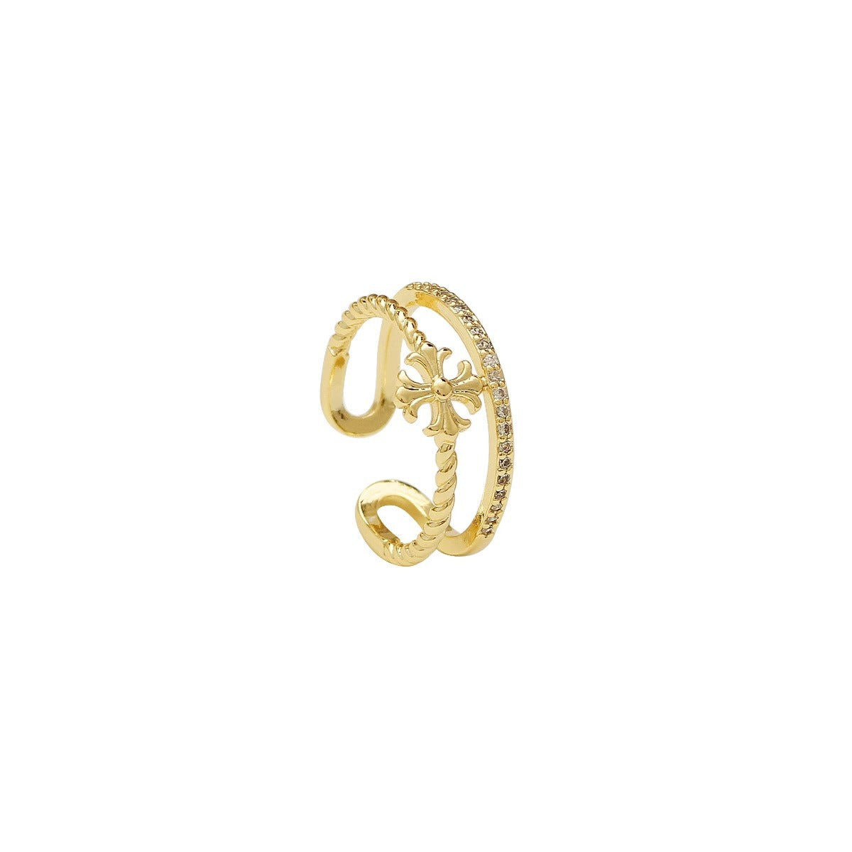 Minimalist Double-Layer C-Shaped Open Ring with Floral Motif in Gold-Plated Copper for Women