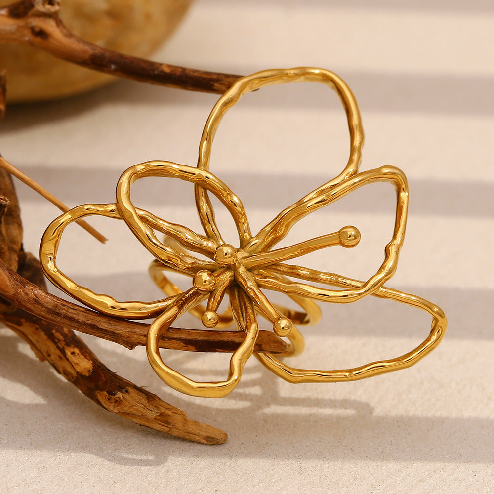Anello Aperto Floreale Minimalista da Donna in Acciaio Inossidabile Placcato Oro 18K