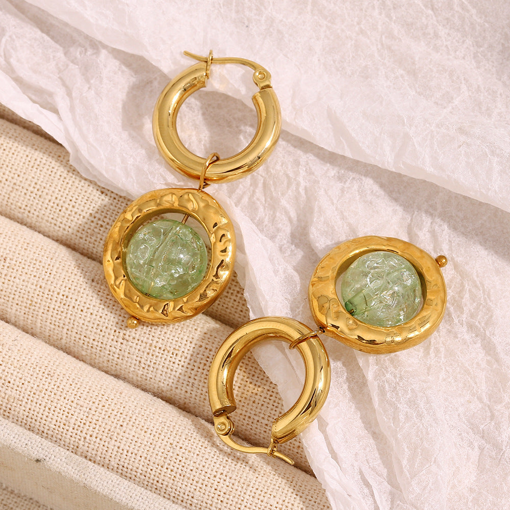 Orecchini alla Moda in Acciaio Inossidabile con Motivo Geometrico, Placcatura in Oro 18K e Ciondolo in Vetro Artigianale da Donna