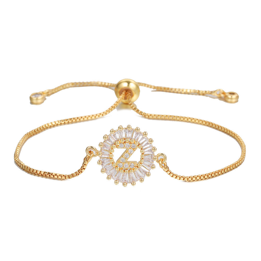 Minimalist Gold Plated Brass Letter Bracelet with Cubic Zirconia Adjustable A-Z