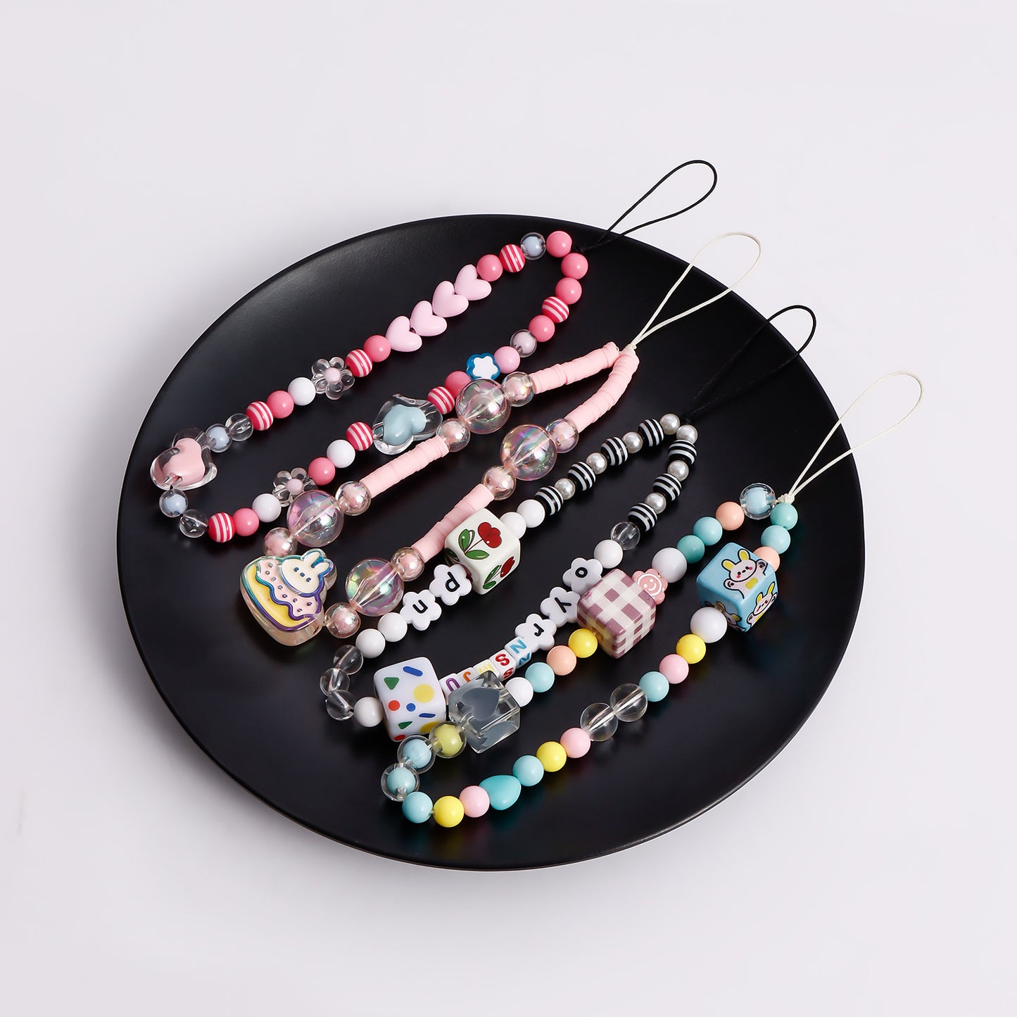 Sweet Colorful Acrylic Beaded Phone Chain with Heart Teardrop and Round Charms