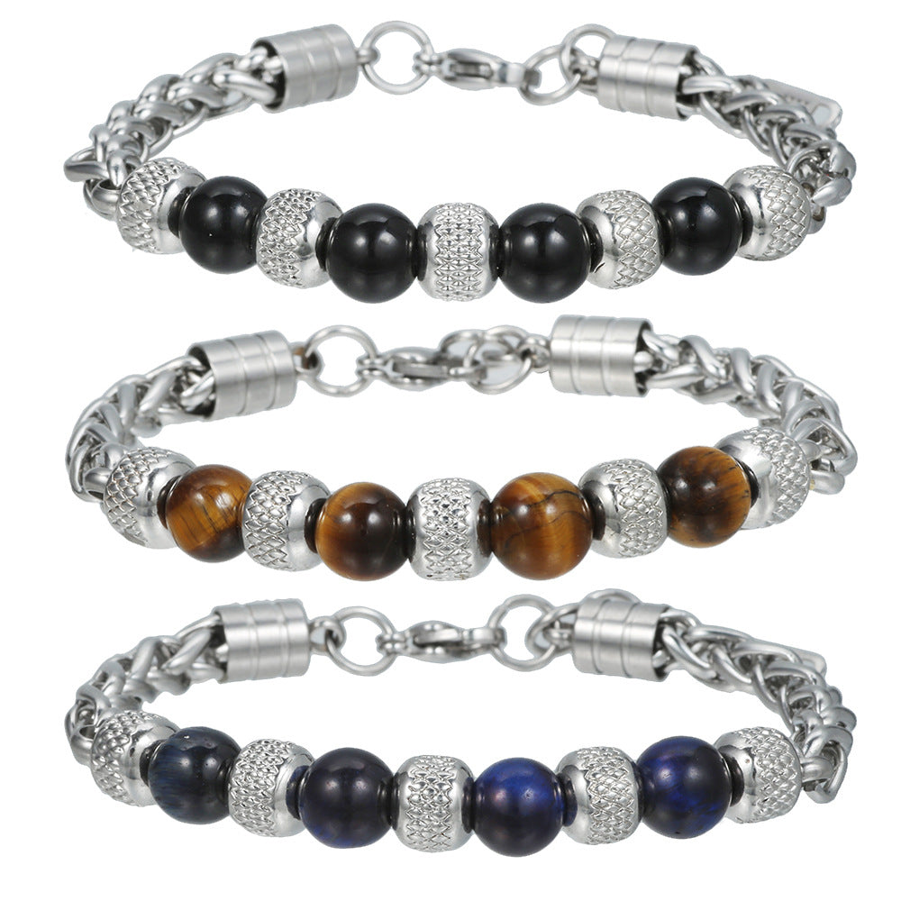 Men's Natural Tiger's Eye and Lapis Lazuli Beaded Bracelet Stainless Steel Geometric Round Stone Jewelry