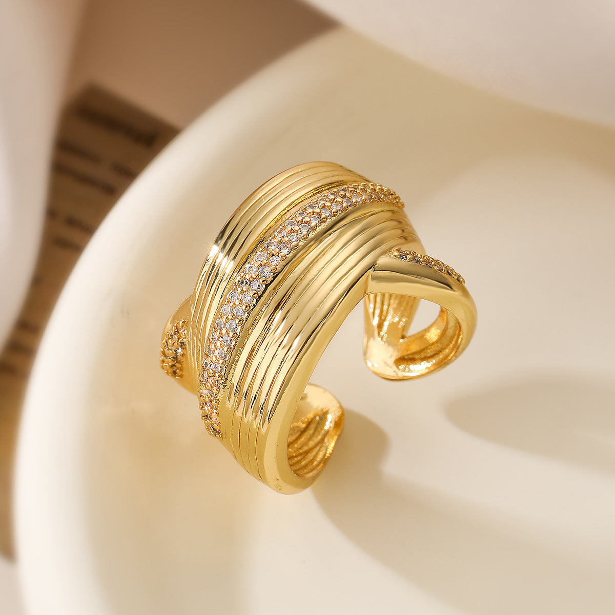 Minimalist Irregular Geometric Copper Ring with Real Gold Plating and Zircon Inlay for Women